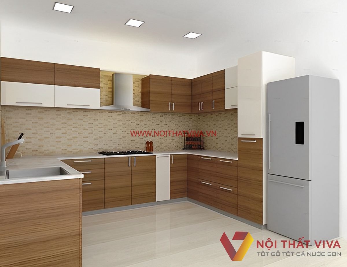 Tủ Bếp Hình Chữ U Đẹp Gỗ MDF Phủ Melamine Màu Nâu Vân Gỗ Giá Rẻ