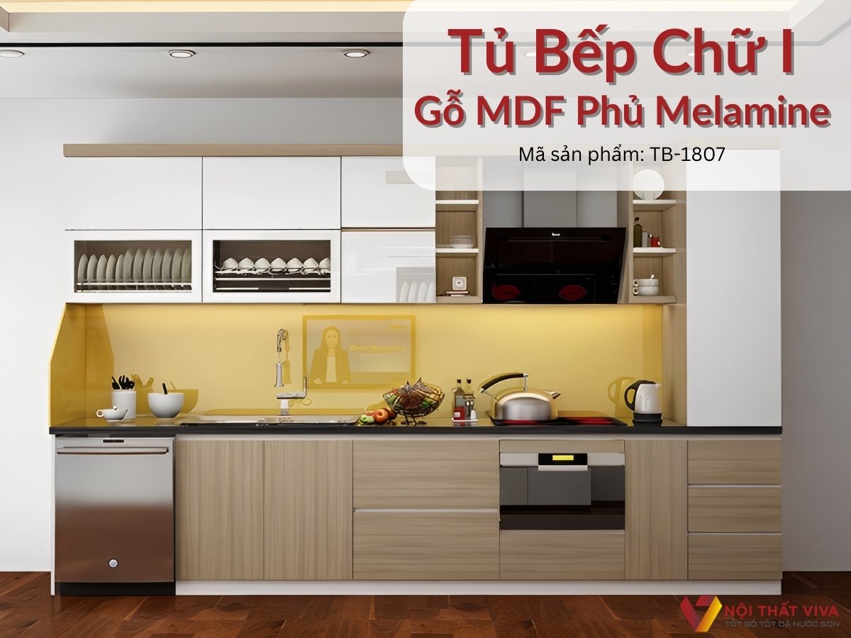 Tủ Bếp Nhỏ Chữ I Gỗ Công Nghiệp Màu Vân Gỗ Phối Cửa Trắng Đẹp Giá Rẻ