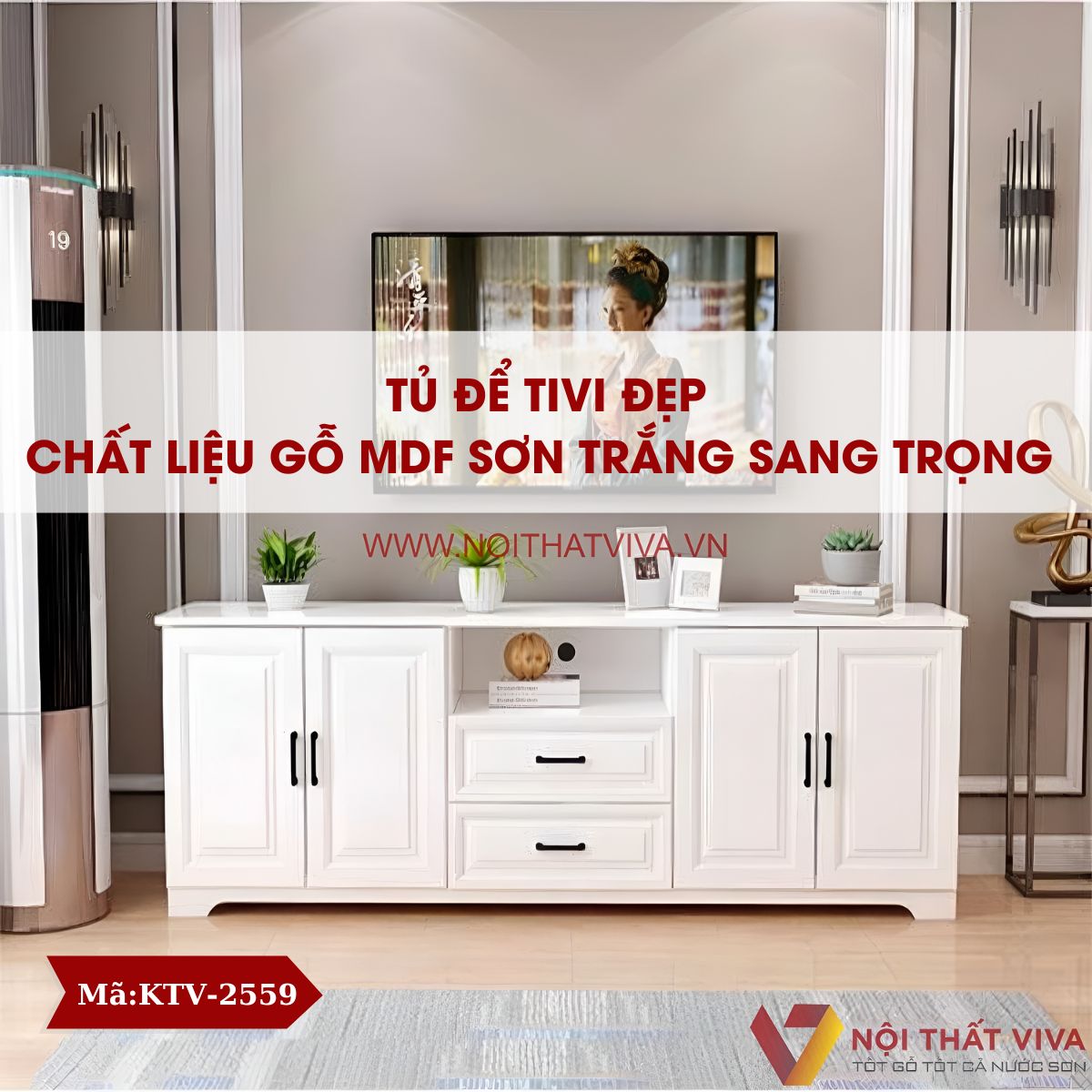 Tủ Để Tivi Đẹp Chất Liệu Gỗ Công Nghiệp MDF Sơn Trắng Sang Trọng