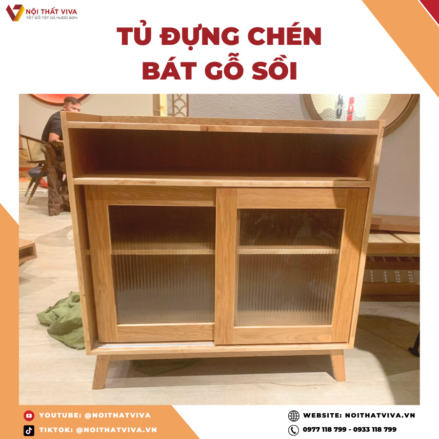 Tủ Đựng Cốc Chén Bằng Gỗ Sồi Tự Nhiên Tinh Hoa Nghệ Thuật Cho Bếp