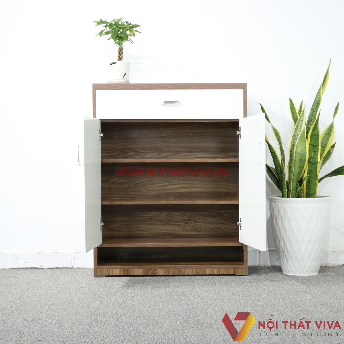 Tủ Giày Gỗ MDF Melamine Màu Óc Chó Phối Trắng Đẹp Hiện Đại