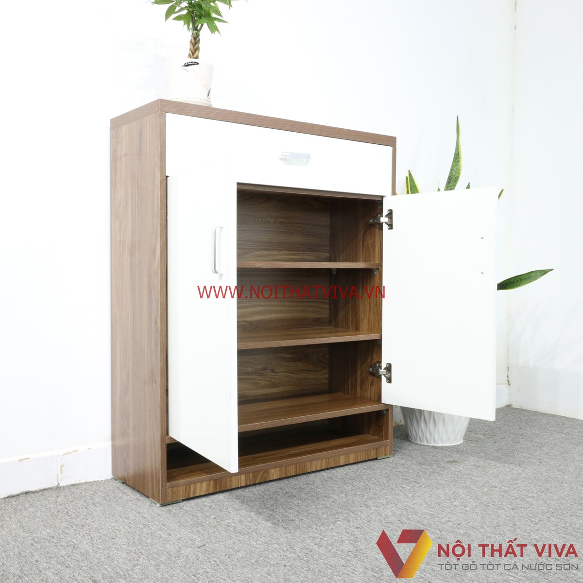 Tủ Giày Gỗ MDF Melamine Màu Óc Chó Phối Trắng Đẹp Hiện Đại