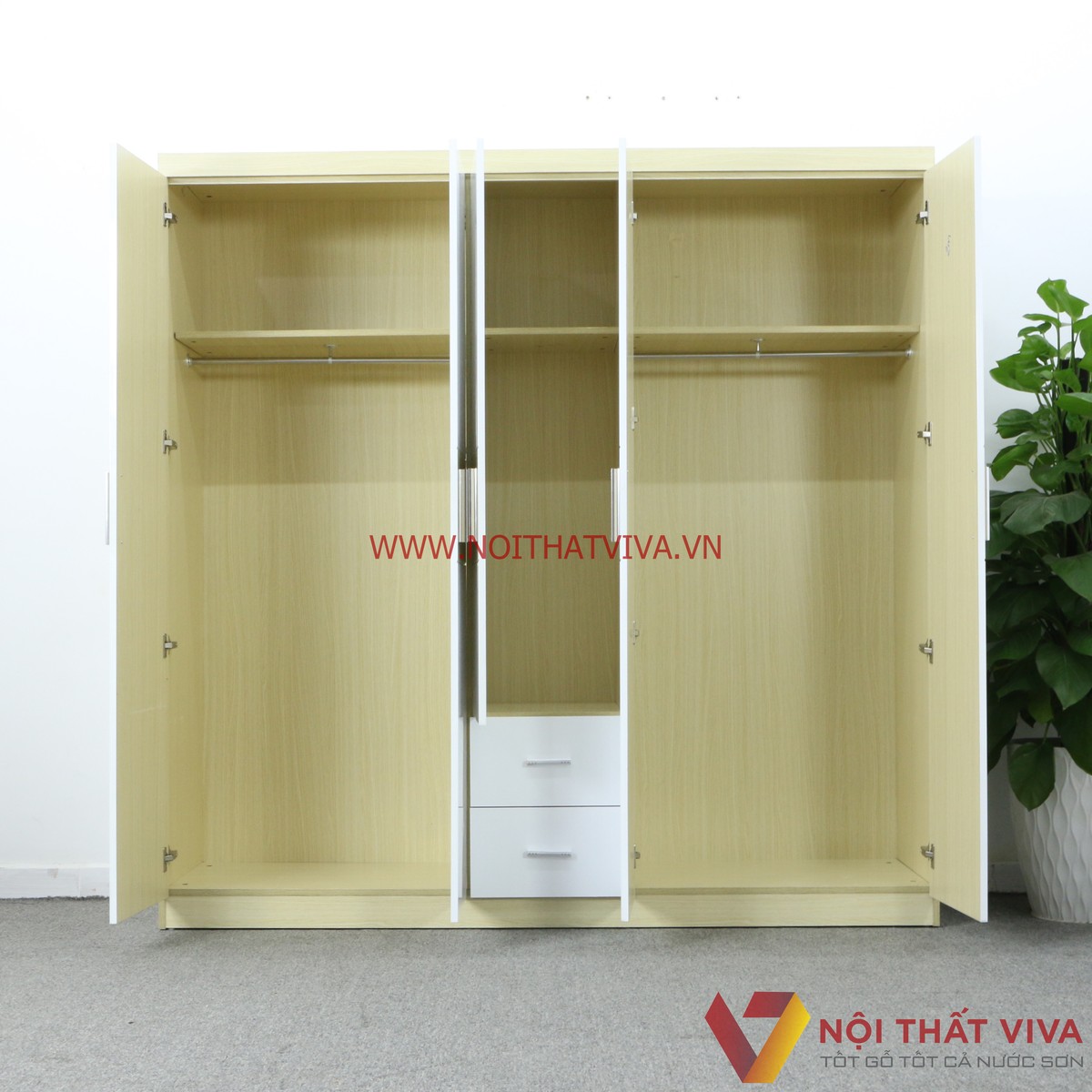 Tủ Quần Áo 5 Cánh Trắng Chỉ Ngang Gỗ MDF Màu Vàng Đẹp Giá Rẻ