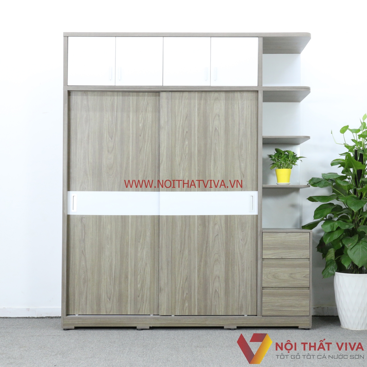 Tủ Quần Áo Kịch Trần Cửa Lùa Gỗ MDF Có Kệ Trang Trí Màu Xám Chỉ Trắng