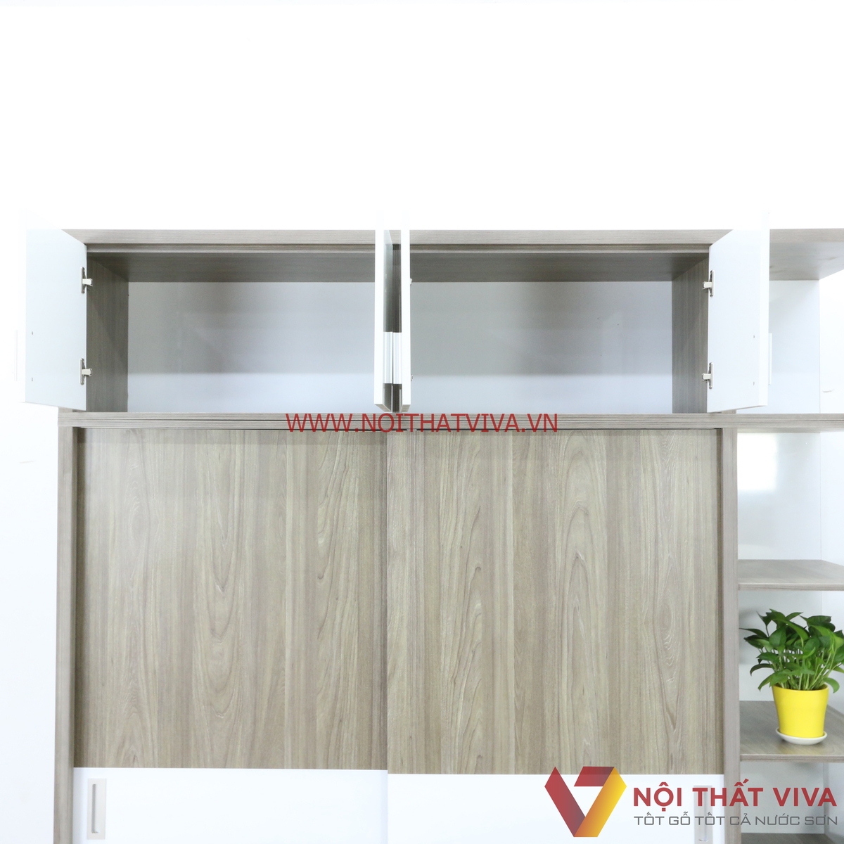 Tủ Quần Áo Kịch Trần Cửa Lùa Gỗ MDF Có Kệ Trang Trí Màu Xám Chỉ Trắng