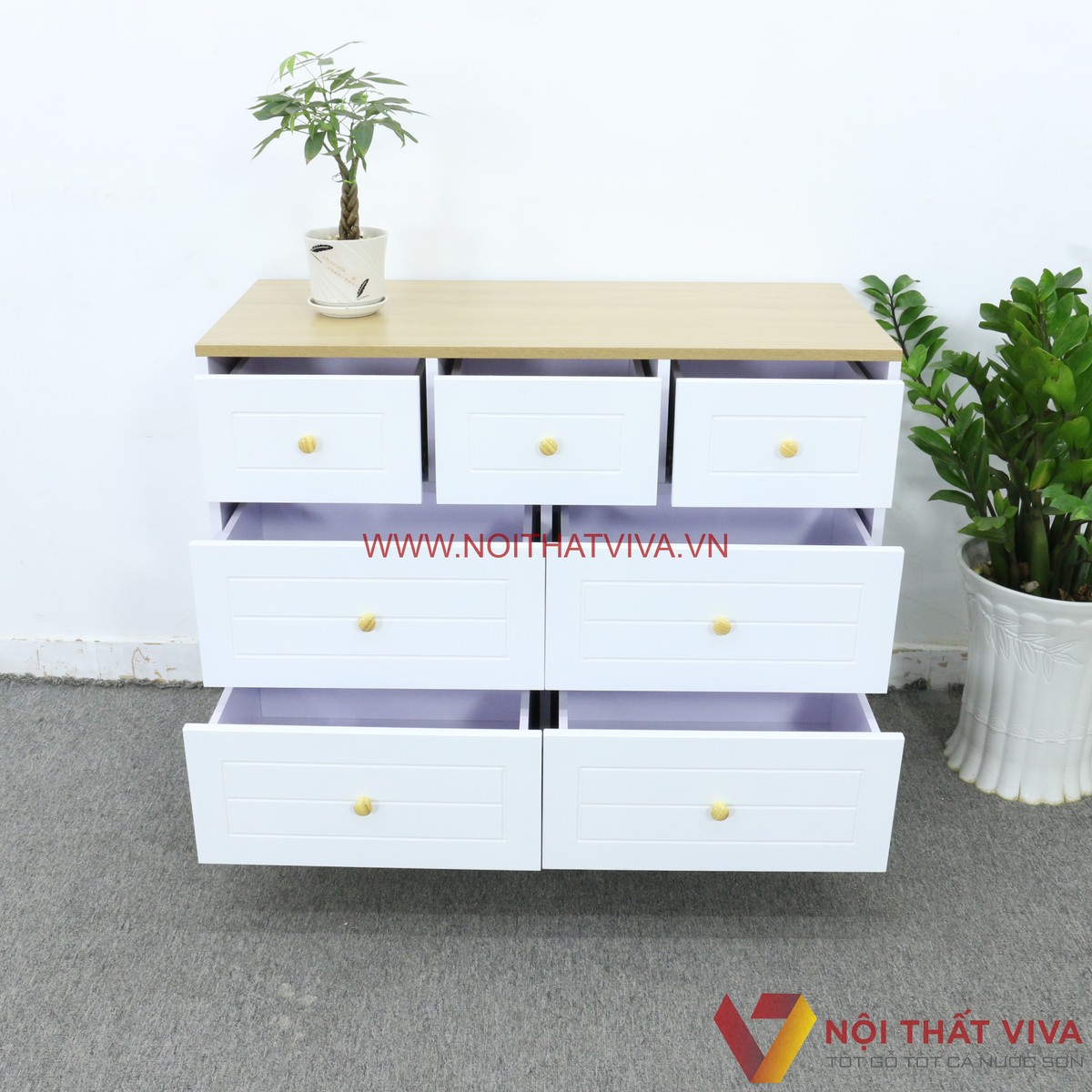 Tủ Quần Áo Trẻ Em Bằng Gỗ MDF Chân Cao Màu Vàng Phối Trắng Có 7 Hộc Kéo