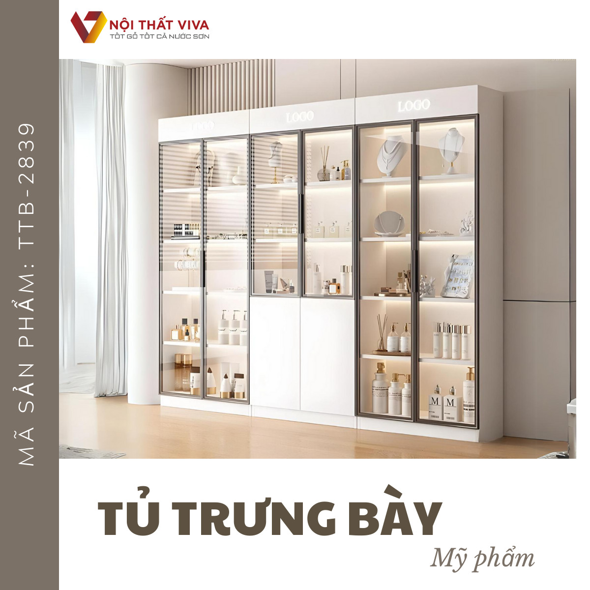 Tủ Trưng Bày Mỹ Phẩm Gỗ Công Nghiệp Cánh Kính Cường Lực Hiện Đại