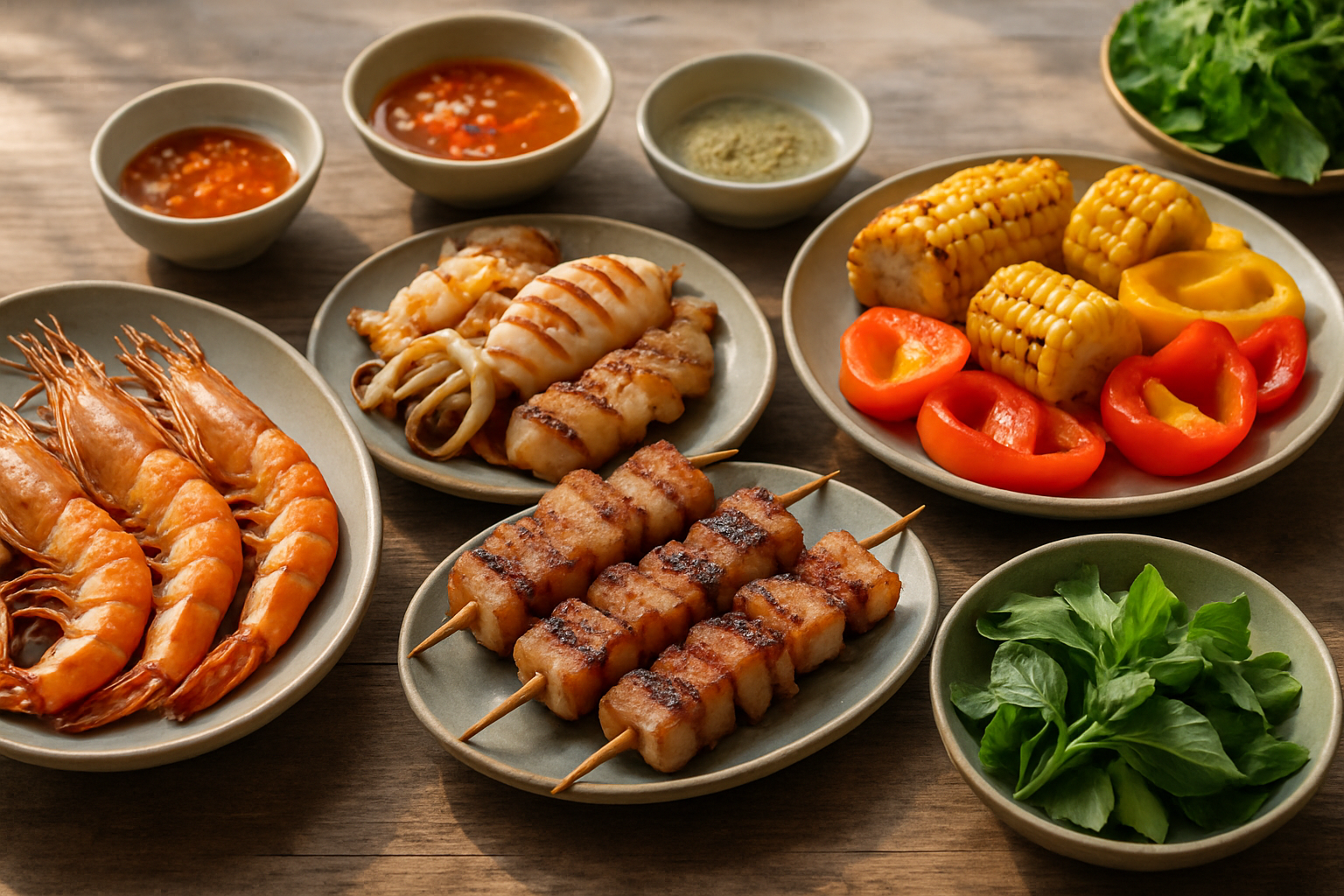Bàn tiệc nướng cuối tuần với tôm, mực, xiên thịt, rau củ và các loại sốt chấm