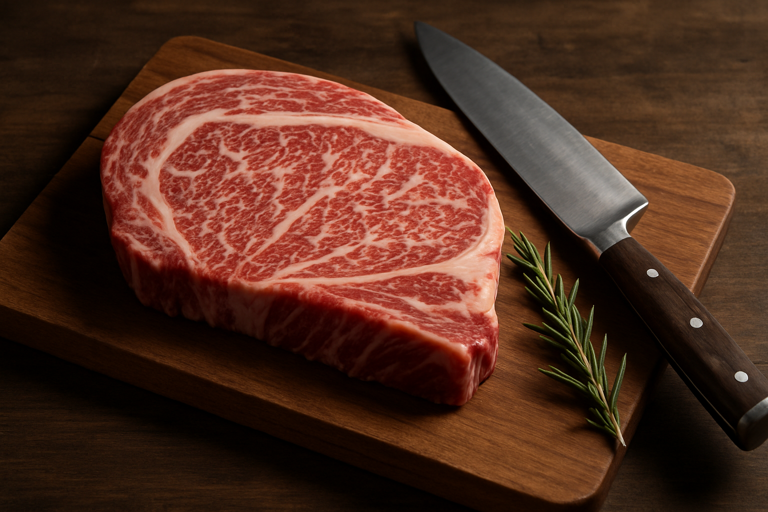 Khối Wagyu ribeye sống với vân mỡ cẩm thạch đặt trên thớt gỗ