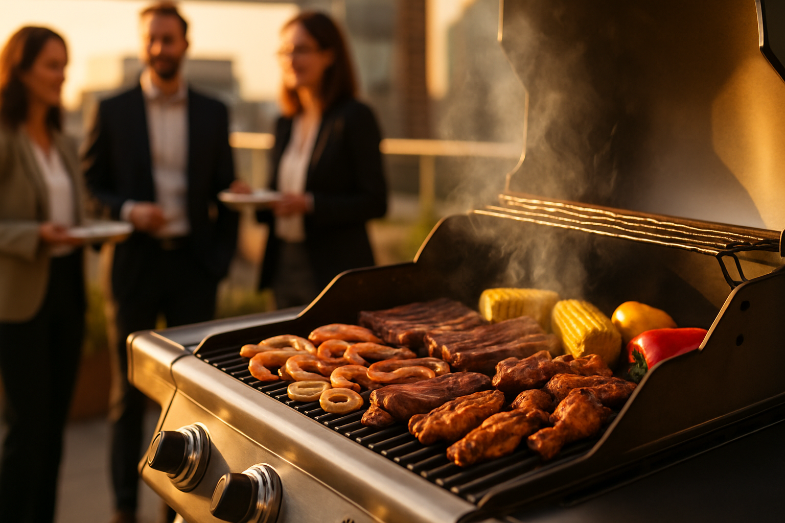 Bàn tiệc BBQ công ty ngoài trời với hải sản và thịt nướng bốc khói, ánh hoàng hôn