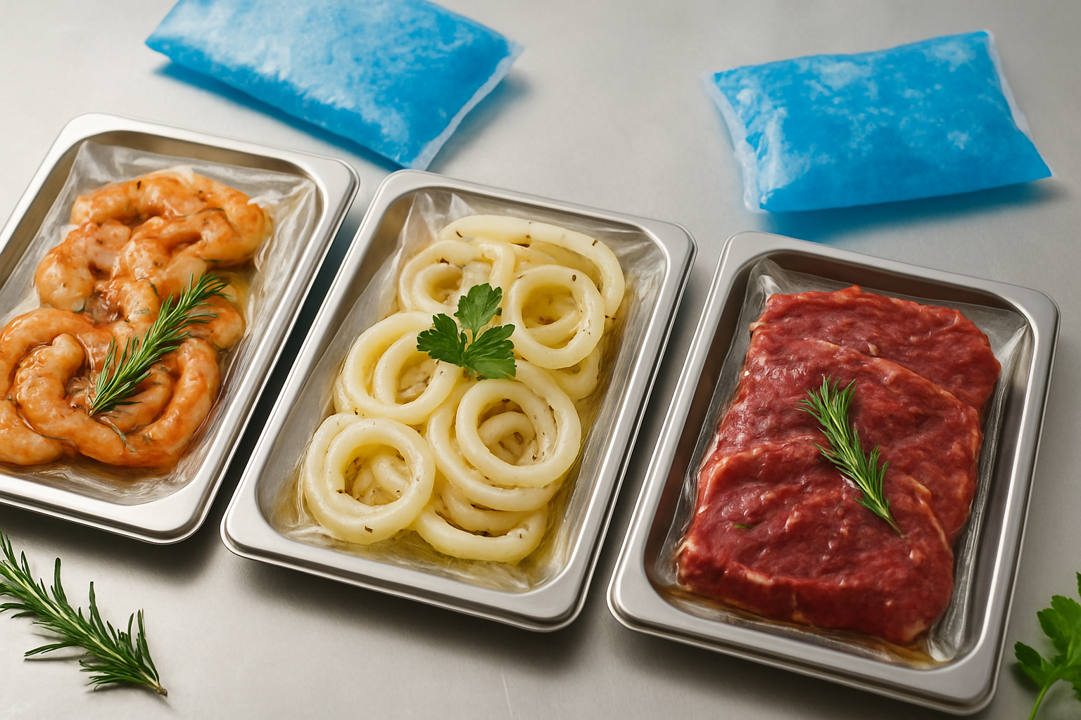 Khay tôm, mực và bò cắt lát được ướp sẵn, đóng gói gọn gàng trước giờ BBQ