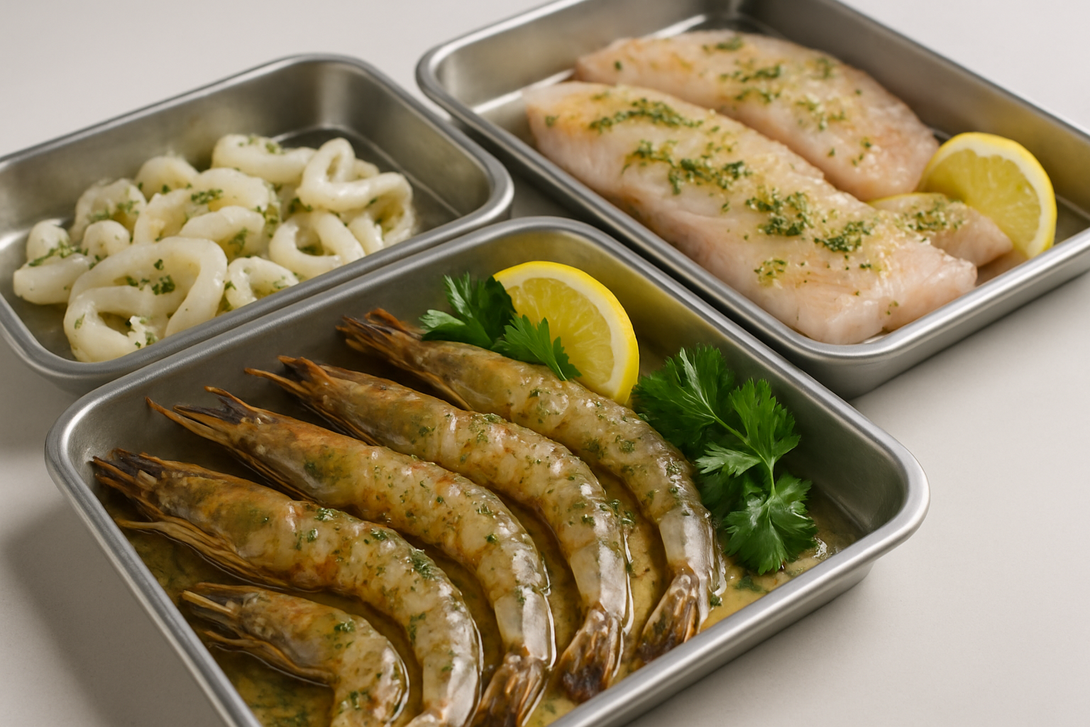 Cận cảnh tôm sú, mực và cá fillet ướp gia vị đặt trên khay inox sẵn sàng cho tiệc