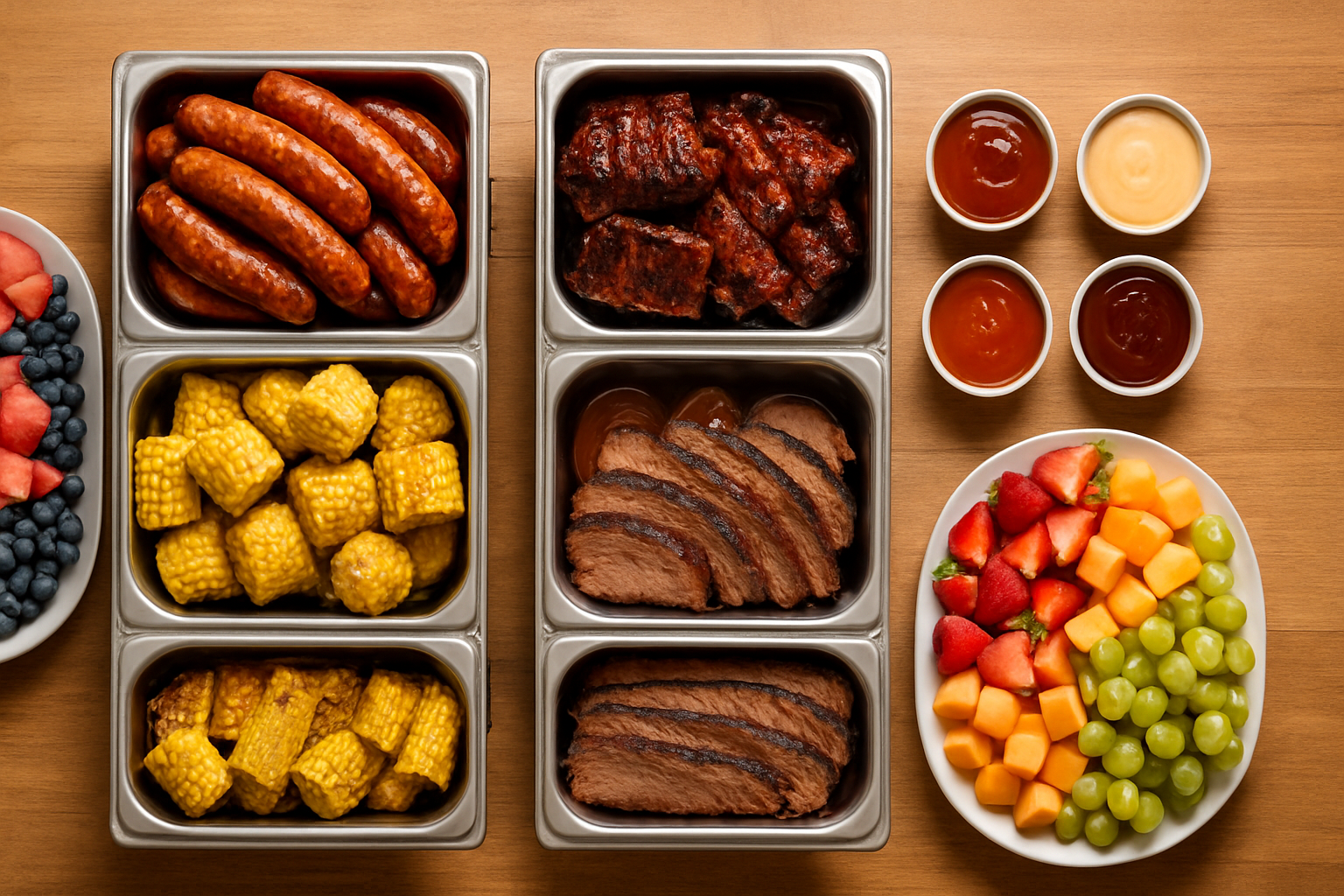 Bữa tiệc BBQ doanh nghiệp ngoài trời với quầy nướng hải sản và thịt bày biện sang trọng lúc hoàng hôn