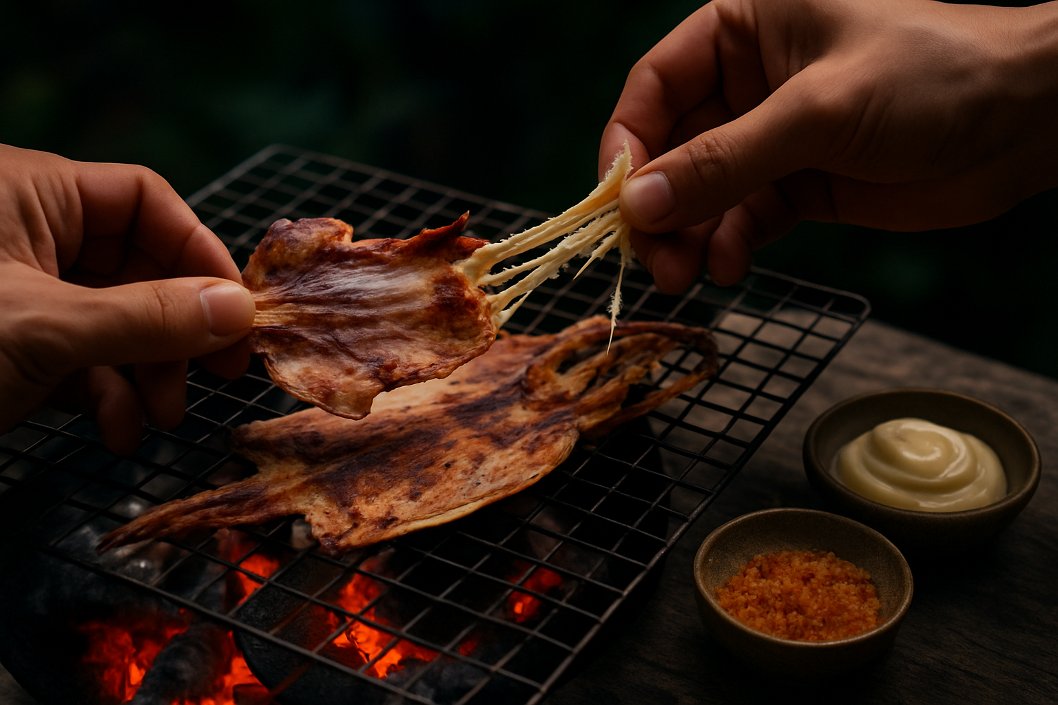 Khô mực nướng trên bếp than, thớ mực tơi xé, chén muối ớt và mayonnaise bên cạnh