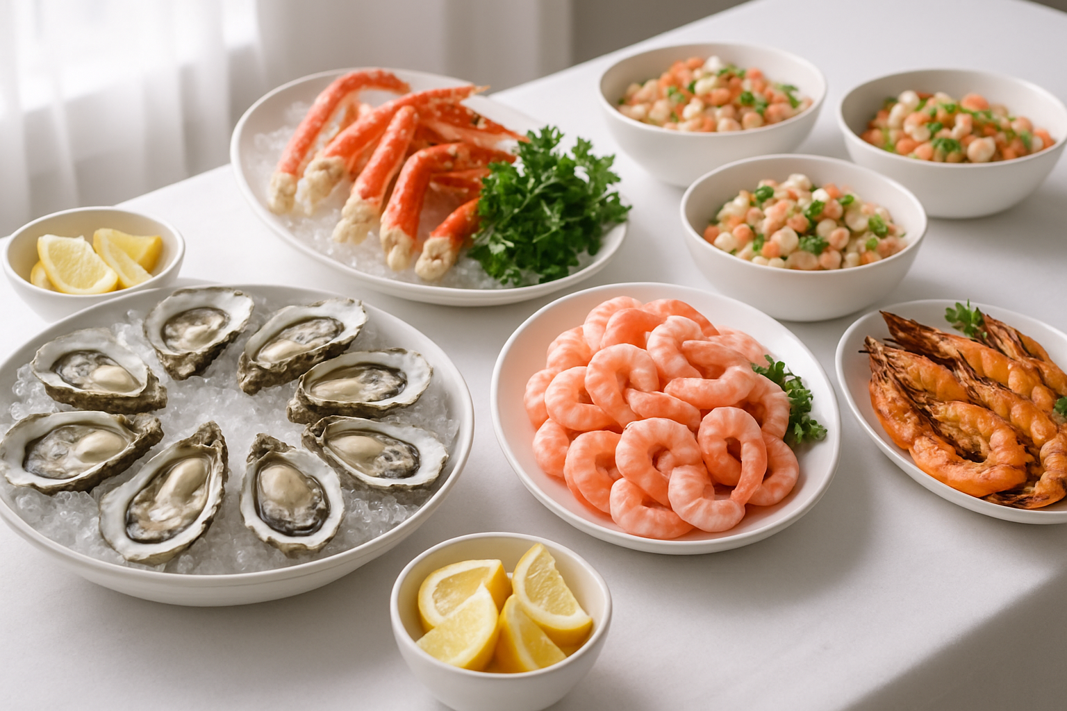 Bàn tiệc catering hải sản sang trọng với quầy lạnh và món nướng bày đẹp mắt