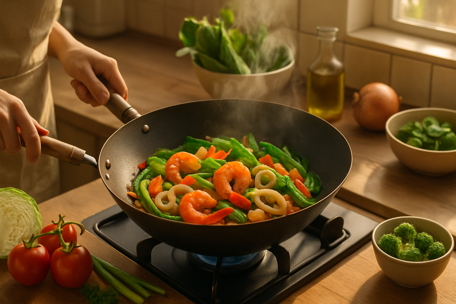 Quầy hải sản Việt Nam với tôm, mực, cá bày trên đá lạnh sạch sẽ