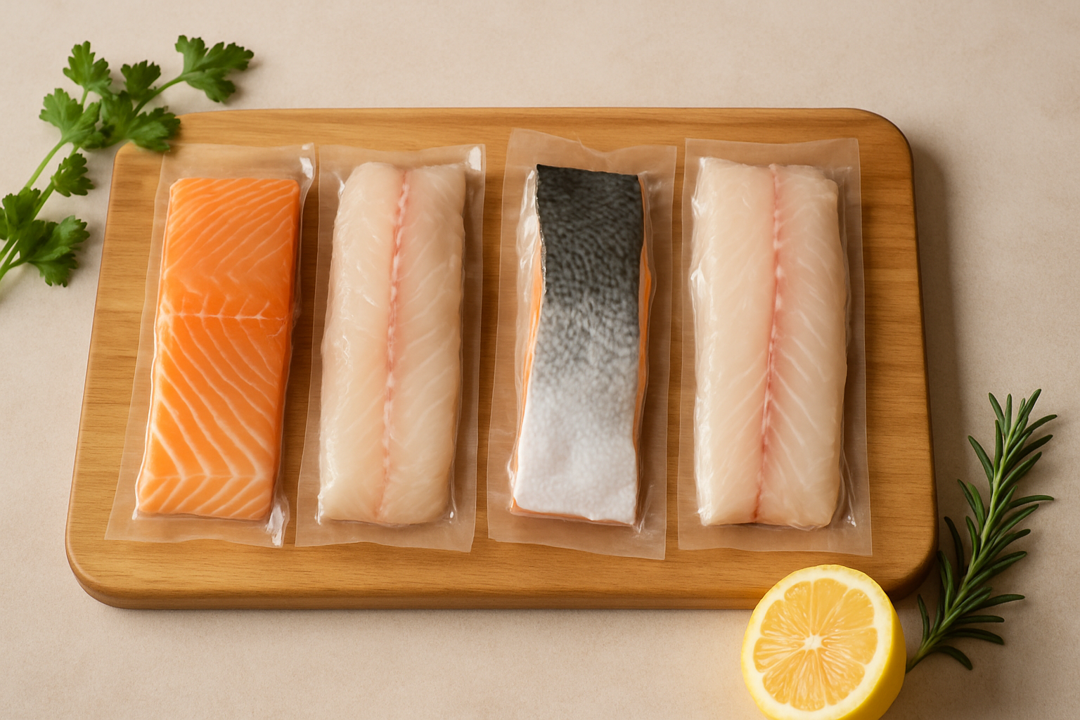 Fillet cá hút chân không xếp ngay ngắn, màu thịt tươi sáng