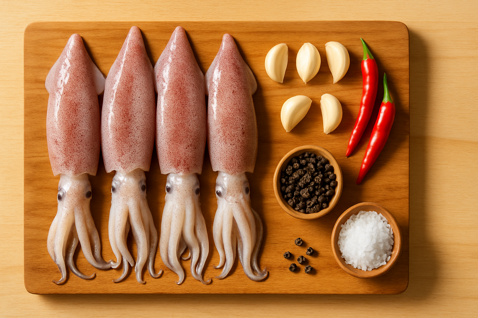 Nguyên liệu làm chả mực: mực tươi, tiêu, tỏi ớt bày gọn gàng