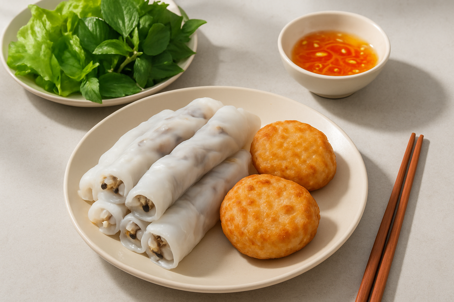 Bánh cuốn nóng kèm chả mực, rau thơm và nước chấm