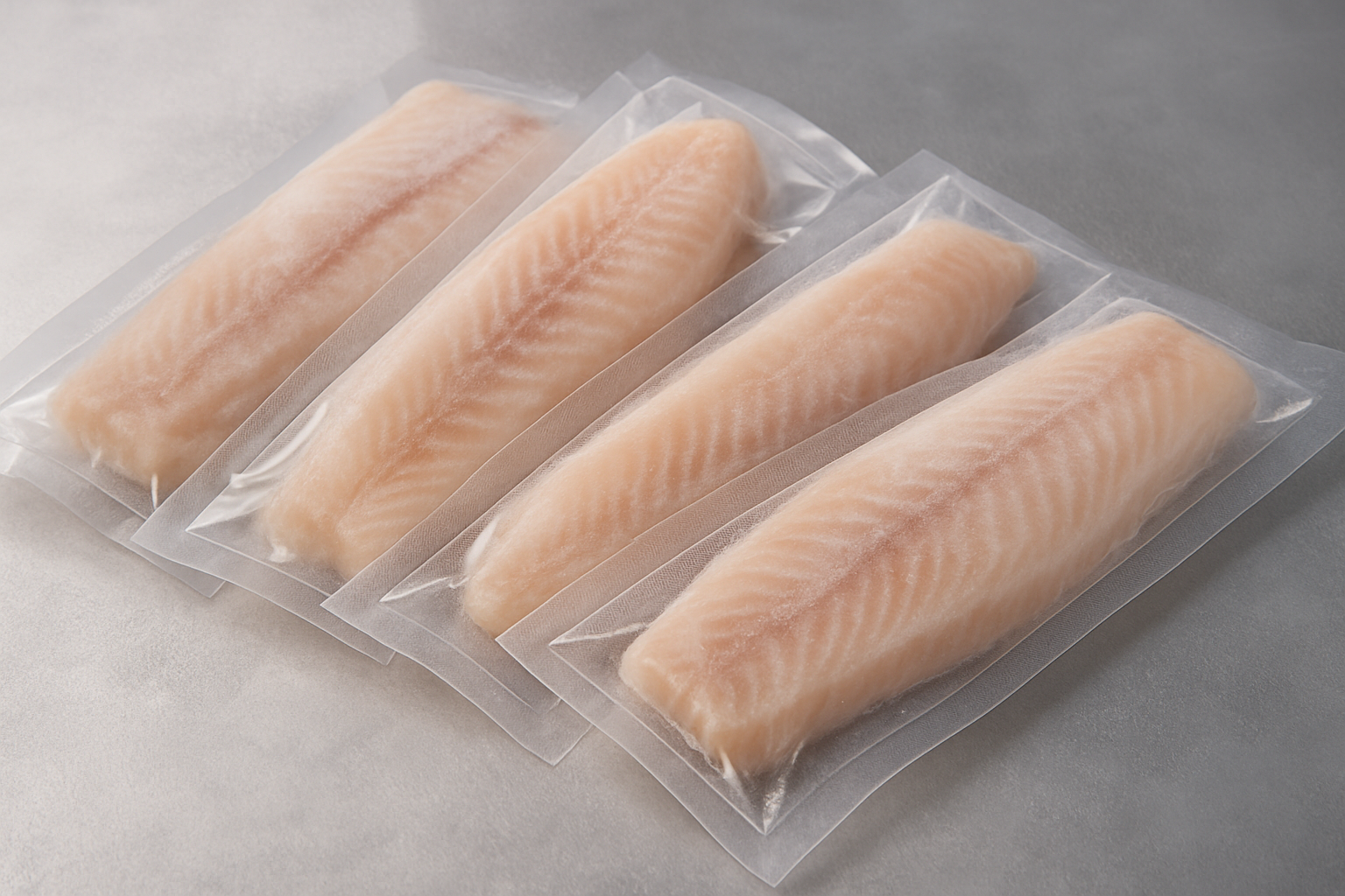 Cá fillet IQF đóng gói hút chân không trên bàn inox có sương lạnh