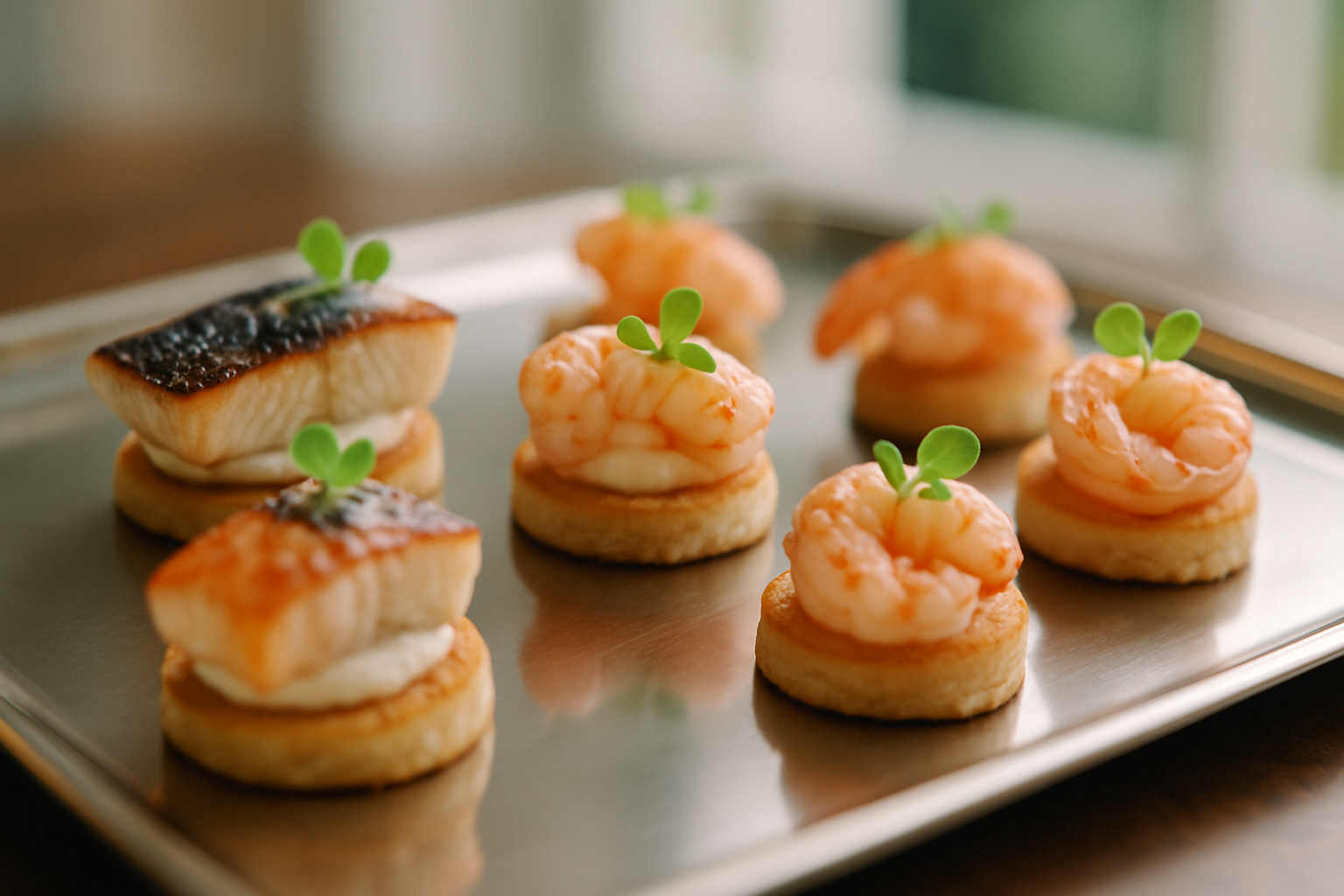 Canapé hải sản trình bày tinh tế trên khay phục vụ