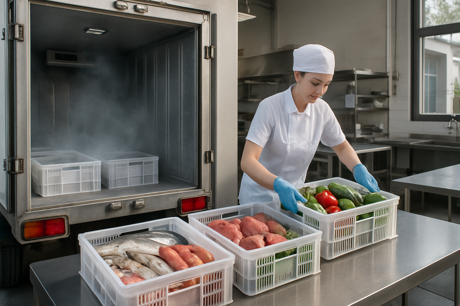 Xe giao lạnh dỡ khay hải sản, thịt và rau vào bếp công nghiệp tại Bình Dương