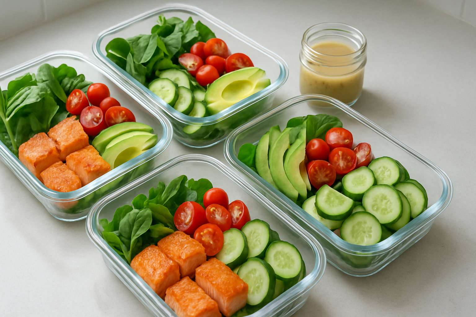 Hộp meal prep salad cá hồi sắp xếp khoa học
