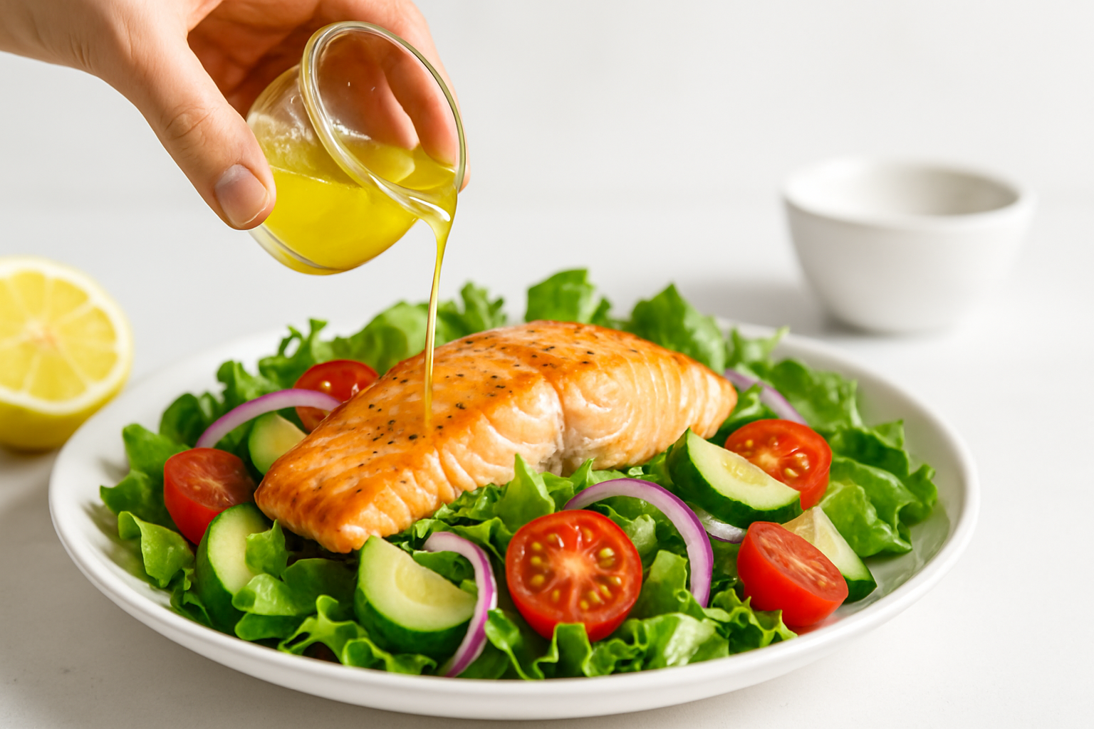 Rưới sốt chanh dầu ôliu lên salad cá hồi