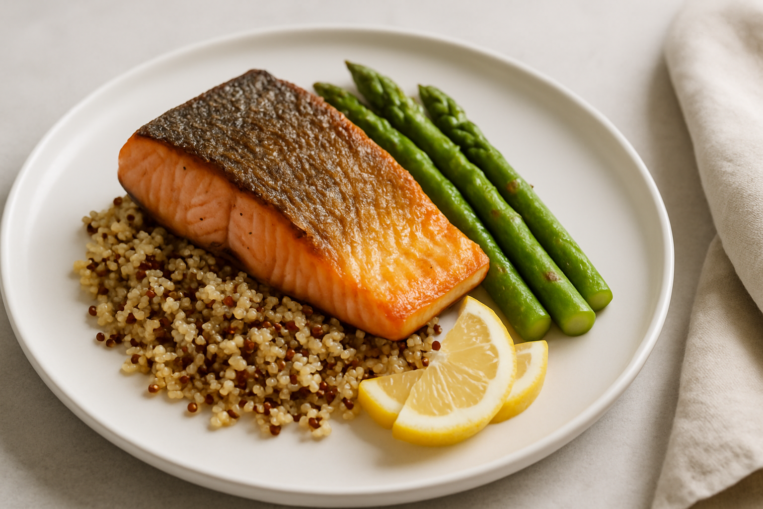Đĩa cá hồi áp chảo healthy giòn da ăn kèm quinoa và măng tây, lát chanh