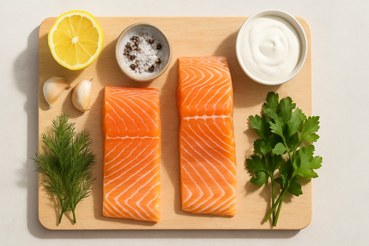 Nguyên liệu cá hồi áp chảo healthy bày theo phong cách tối giản