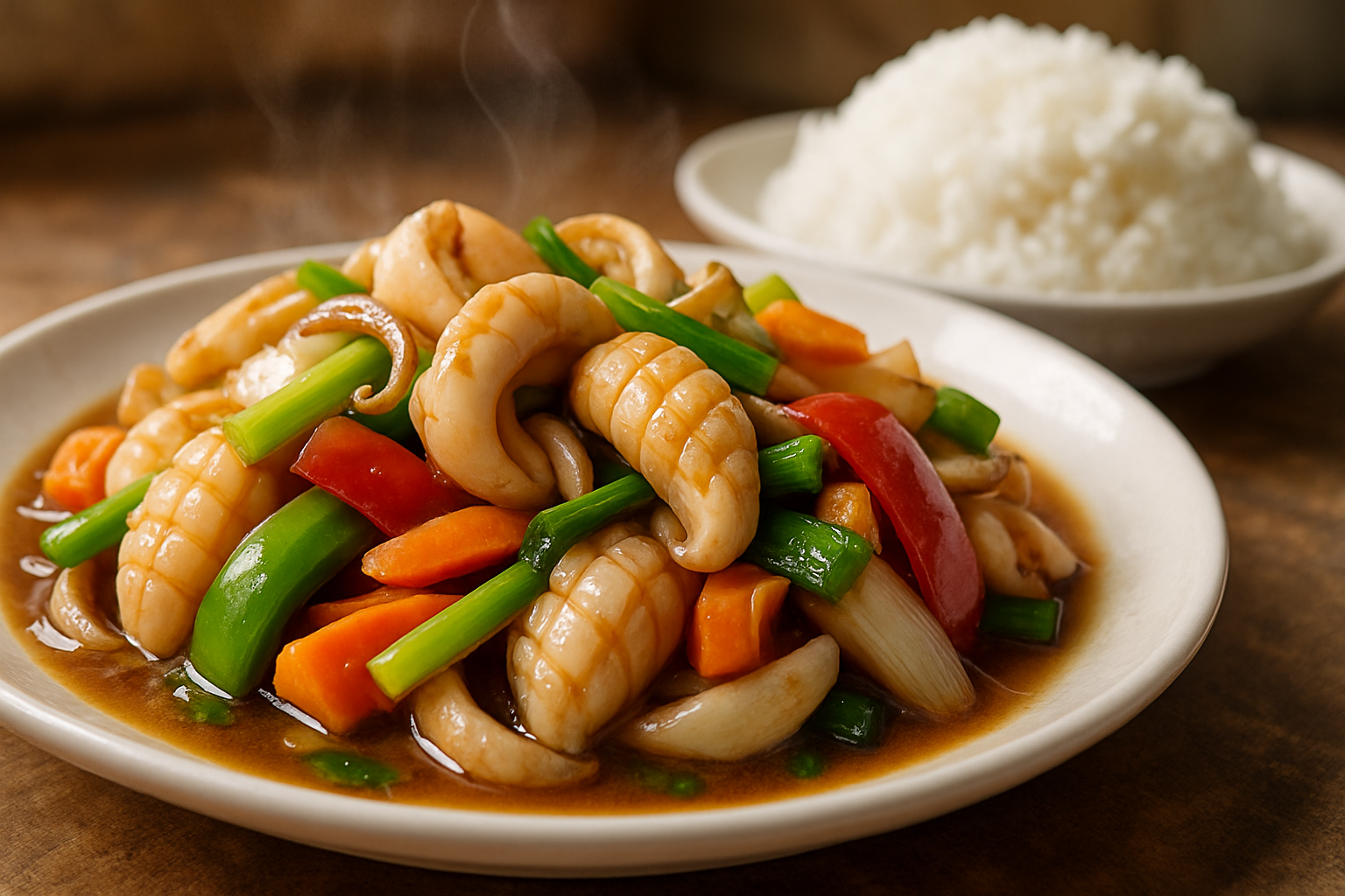 Mực xào rau củ cho bữa cơm công nhân