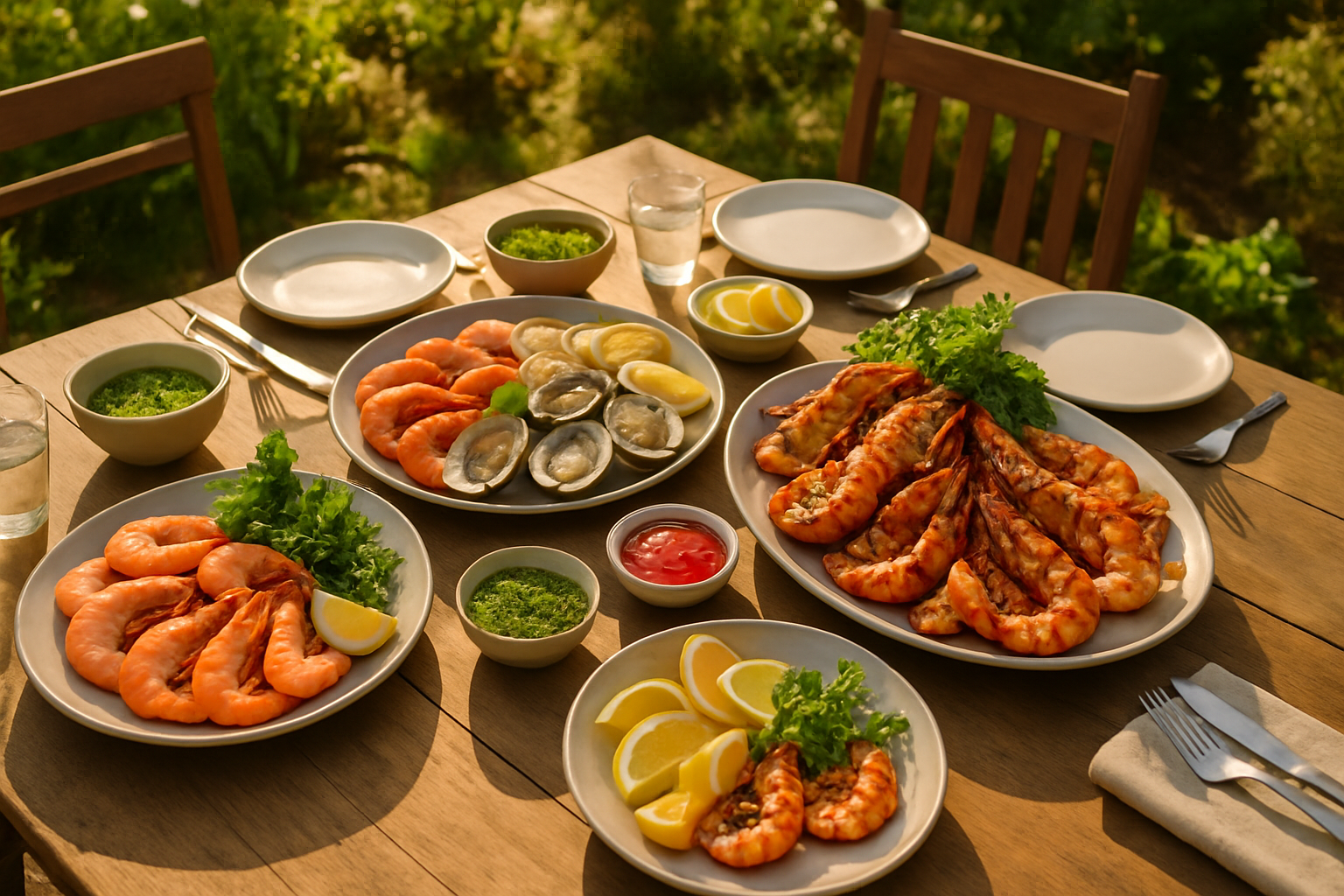 Bàn tiệc catering hải sản với quầy lạnh tôm, cá nướng, nghêu hấp và nước chấm Việt