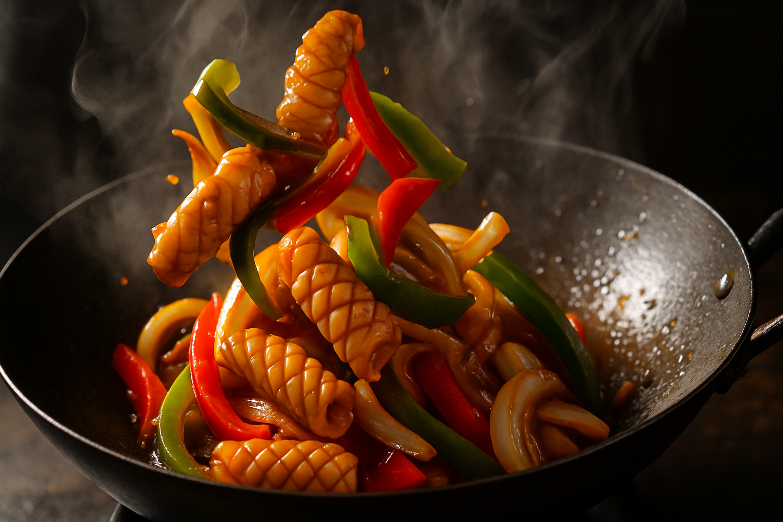Mực xào rau củ trên chảo nóng, lửa lớn, màu sắc tươi