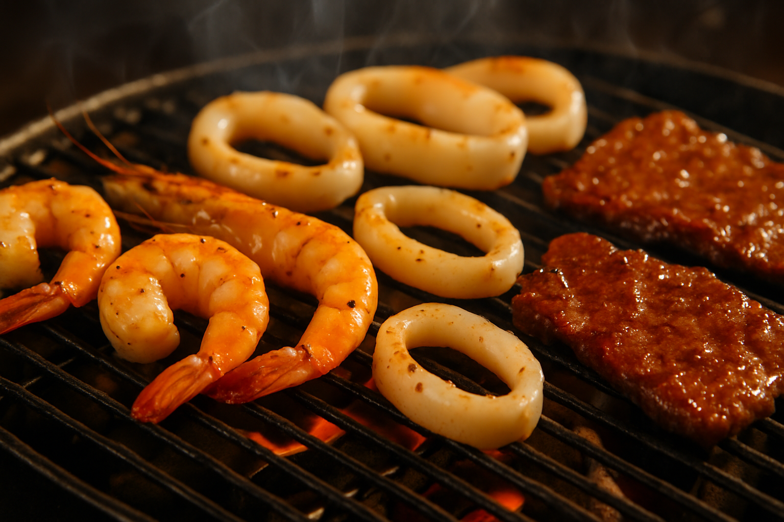 Bàn tiệc BBQ công ty với hải sản và thịt nướng bày đẹp, không khí ngoài trời hiện đại
