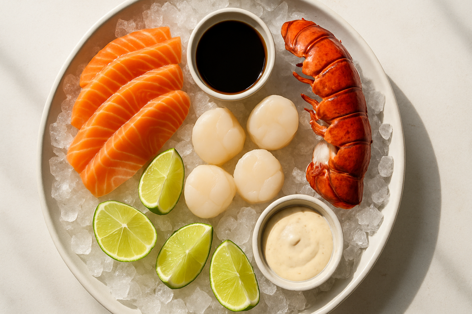 Set sashimi hải sản bày trên đá lạnh kèm nước chấm