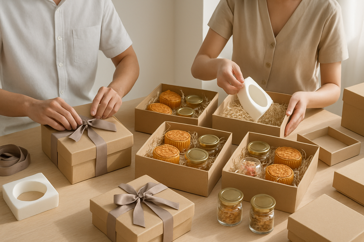 Hộp quà Trung Thu doanh nghiệp sang trọng: bánh nướng, hải sản khô, trà và thiệp chúc