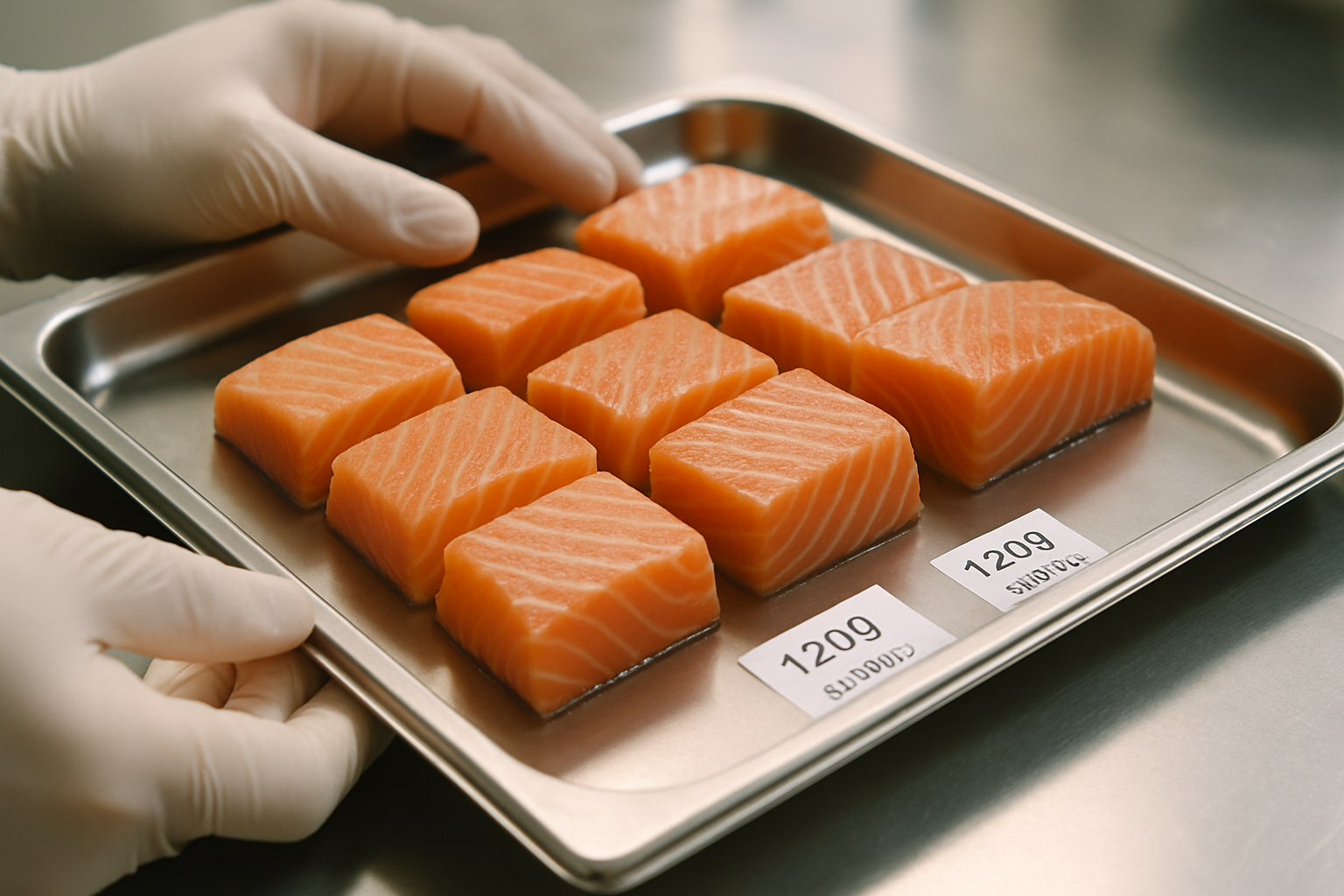 Fillet cá hồi cắt miếng 120g đồng đều, sẵn sàng ướp nấu hàng loạt