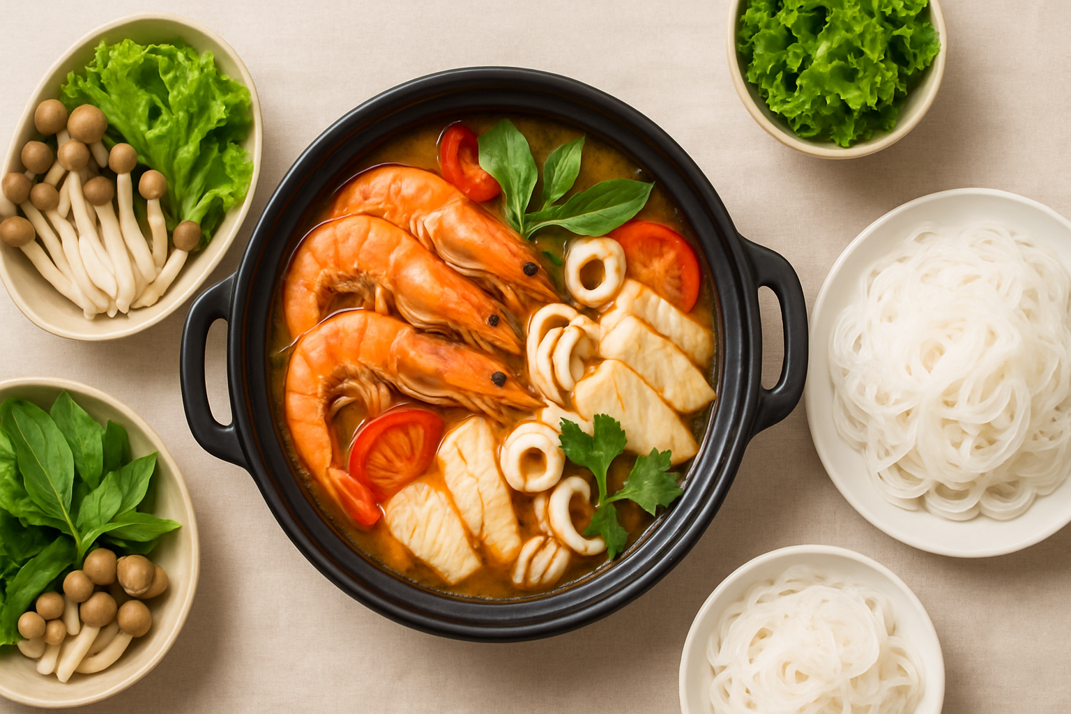 Nồi lẩu hải sản bày cùng rau, nấm và bún