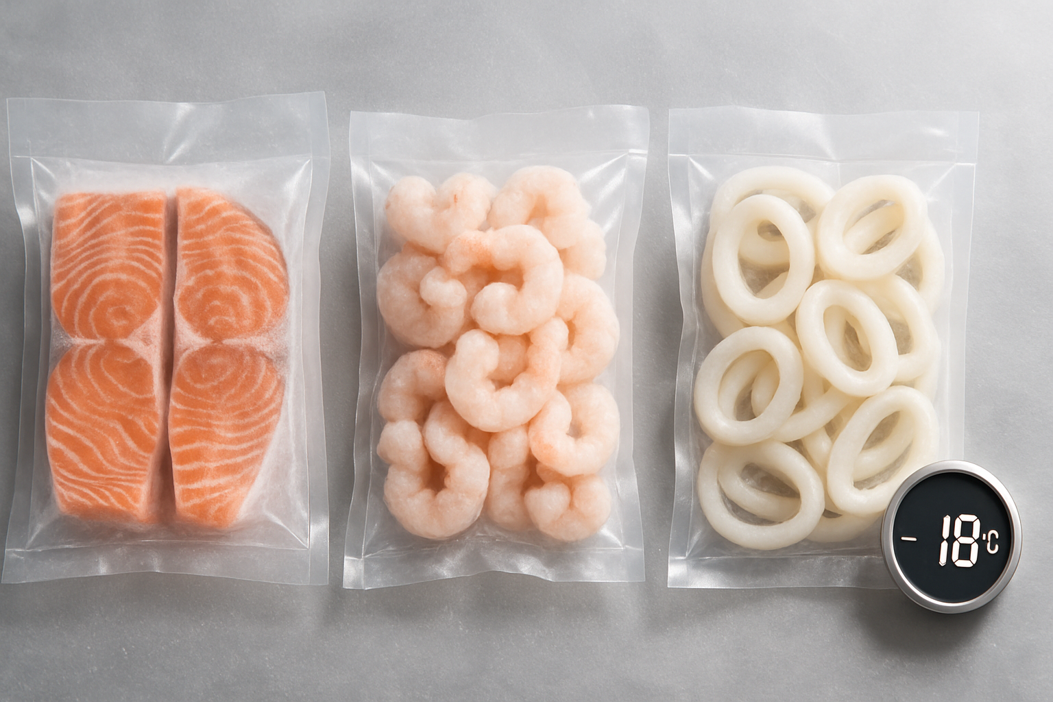 Combo hải sản nhập khẩu đông lạnh được đóng gói kín, băng giá mỏng tự nhiên