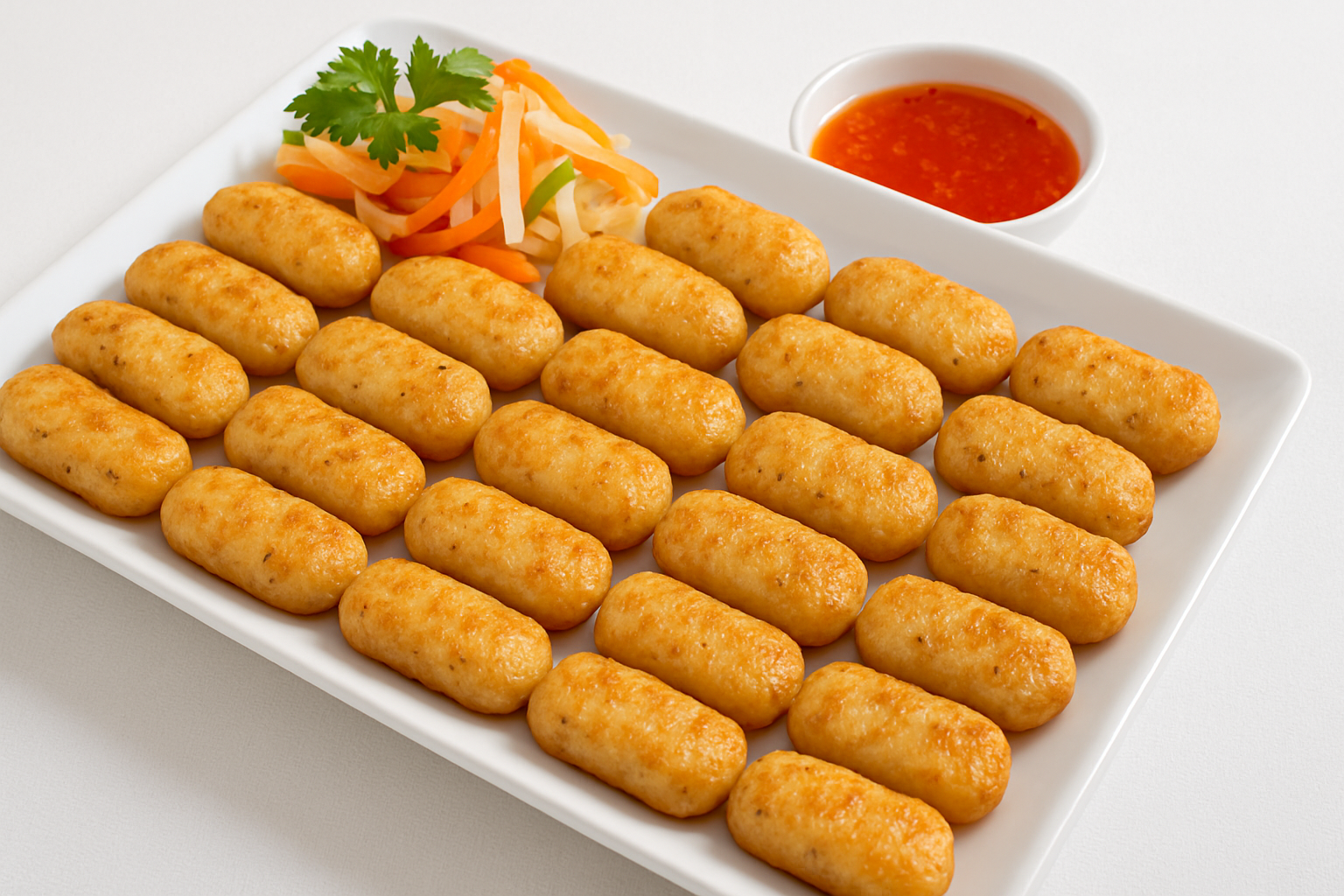 Đĩa chả mực Hạ Long bày trên bàn tiệc cưới sang trọng, kèm rau thơm và chén nước mắm