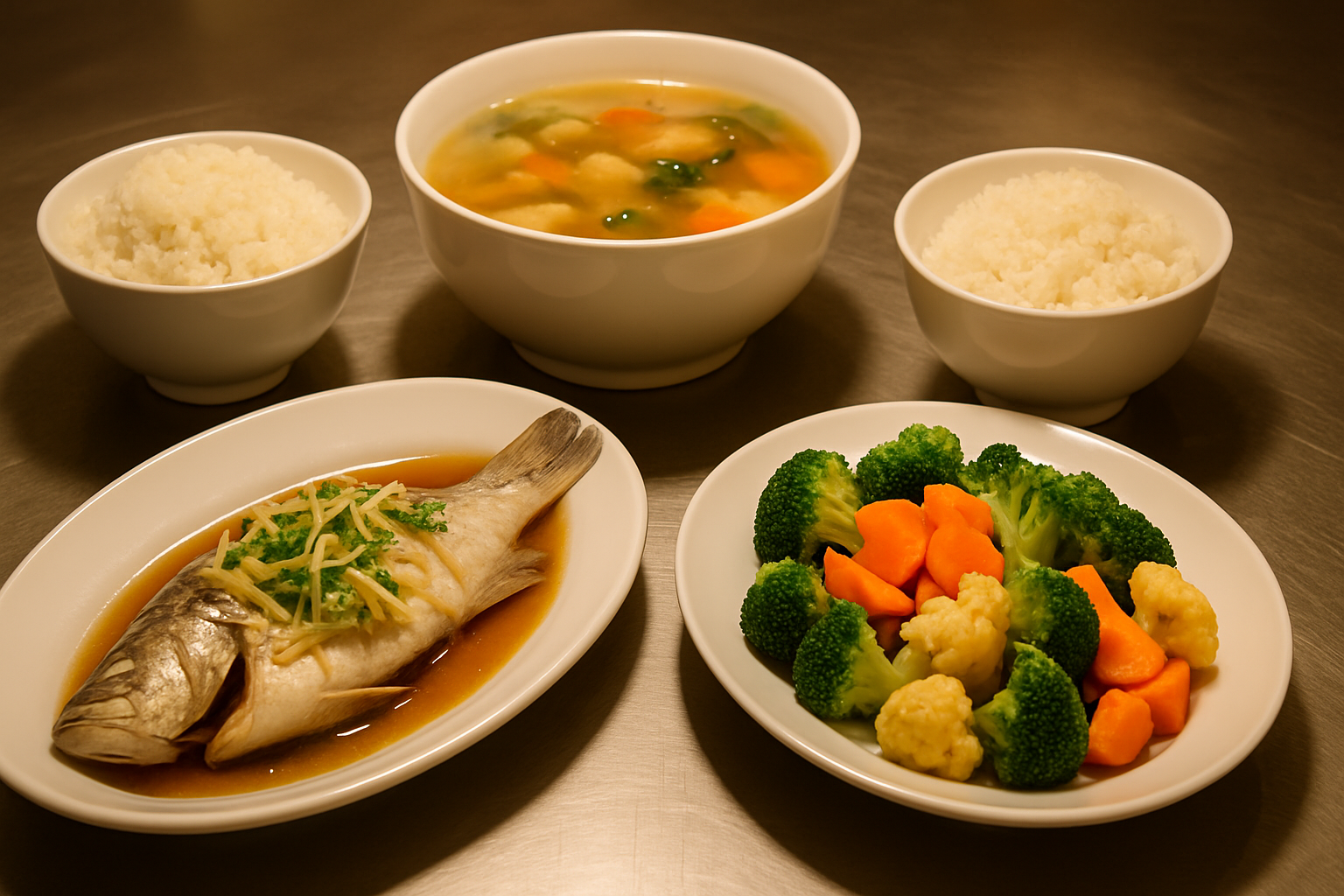 Bữa ăn catering giàn khoan với cơm, cá, rau và canh trong khay inox