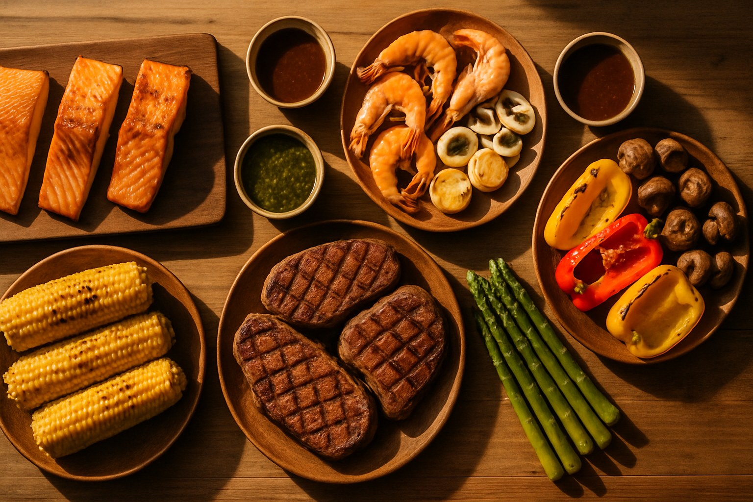 Bàn tiệc BBQ tại nhà với cá hồi, hải sản và thịt bò, bày trên bàn gỗ cùng sốt chấm