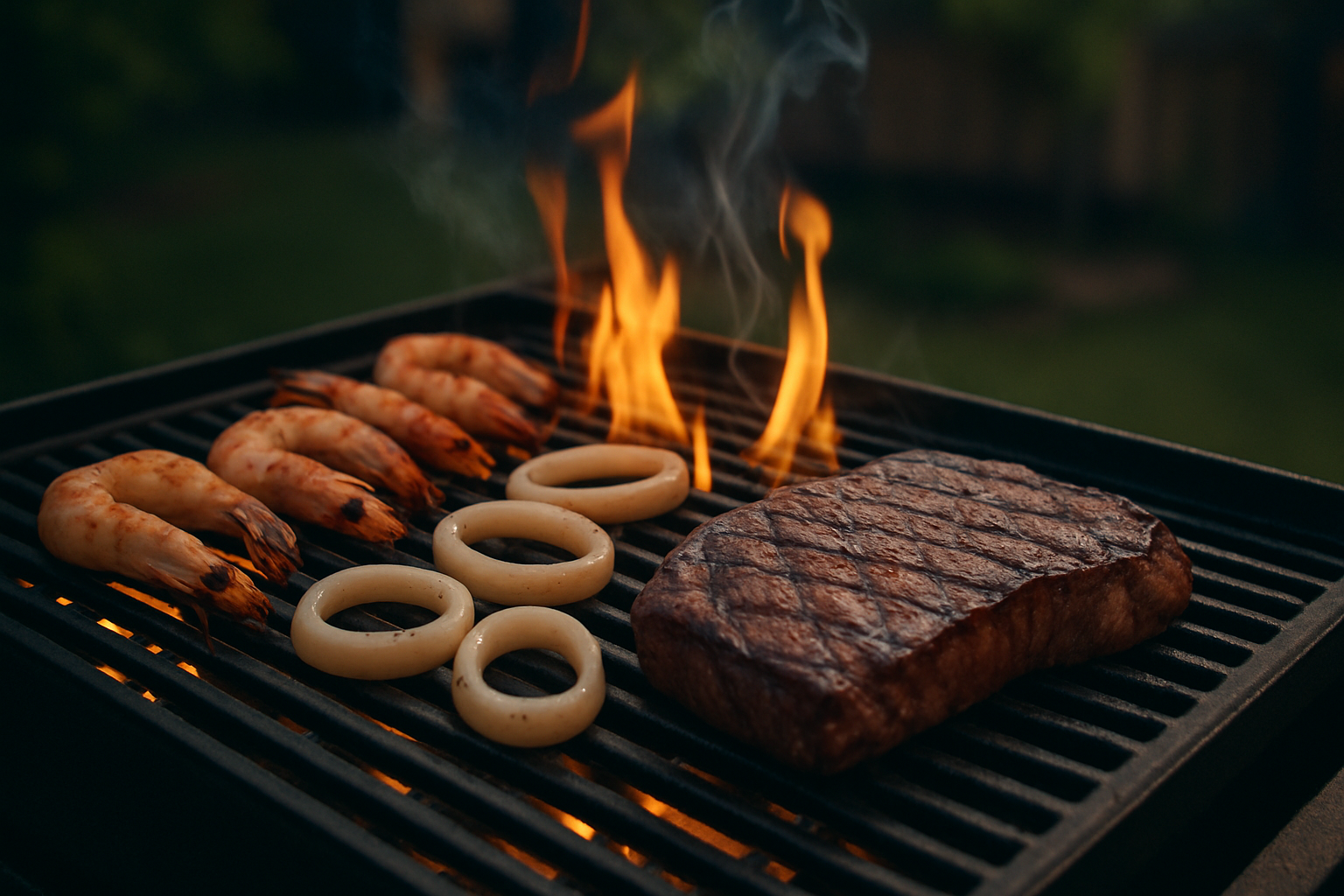 Vỉ nướng đang chín tôm mực và miếng steak bò với vệt nướng đẹp