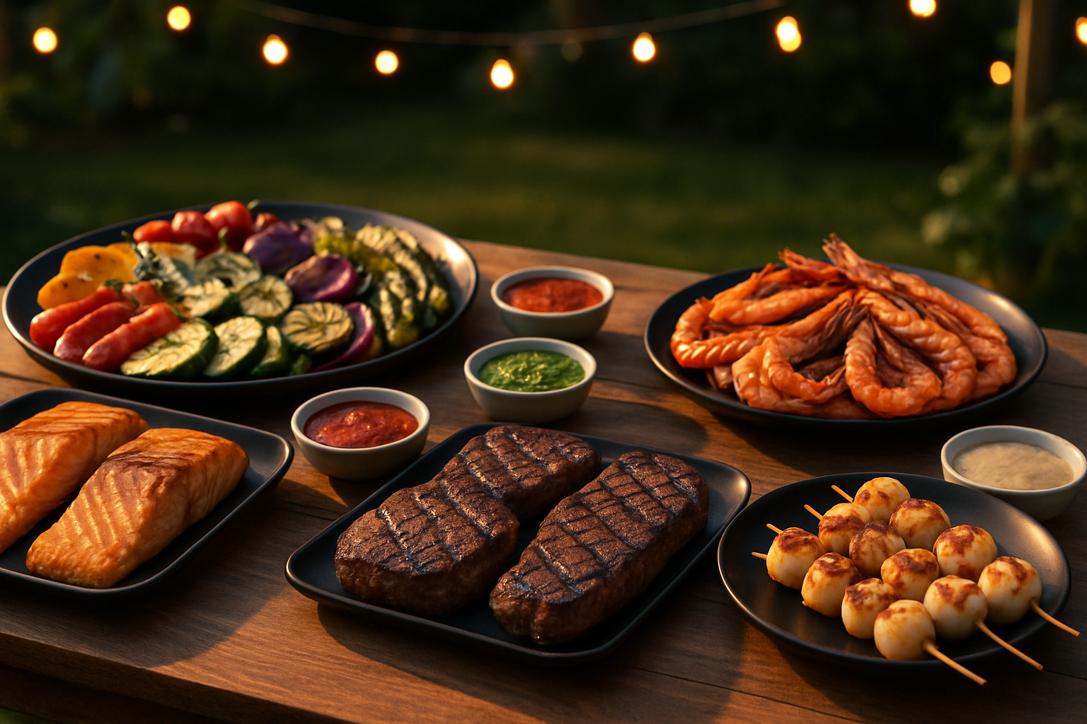 Bàn tiệc BBQ sinh nhật với cá hồi, thịt bò, còi sò, tôm và rau nướng kèm các bát nước sốt