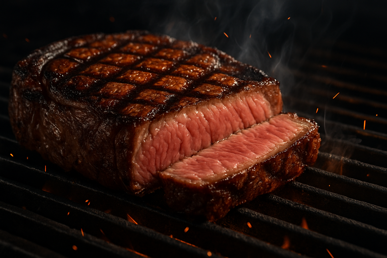 Thịt bò ribeye áp chảo/vỉ nướng cháy cạnh nhẹ, mặt cắt mọng nước