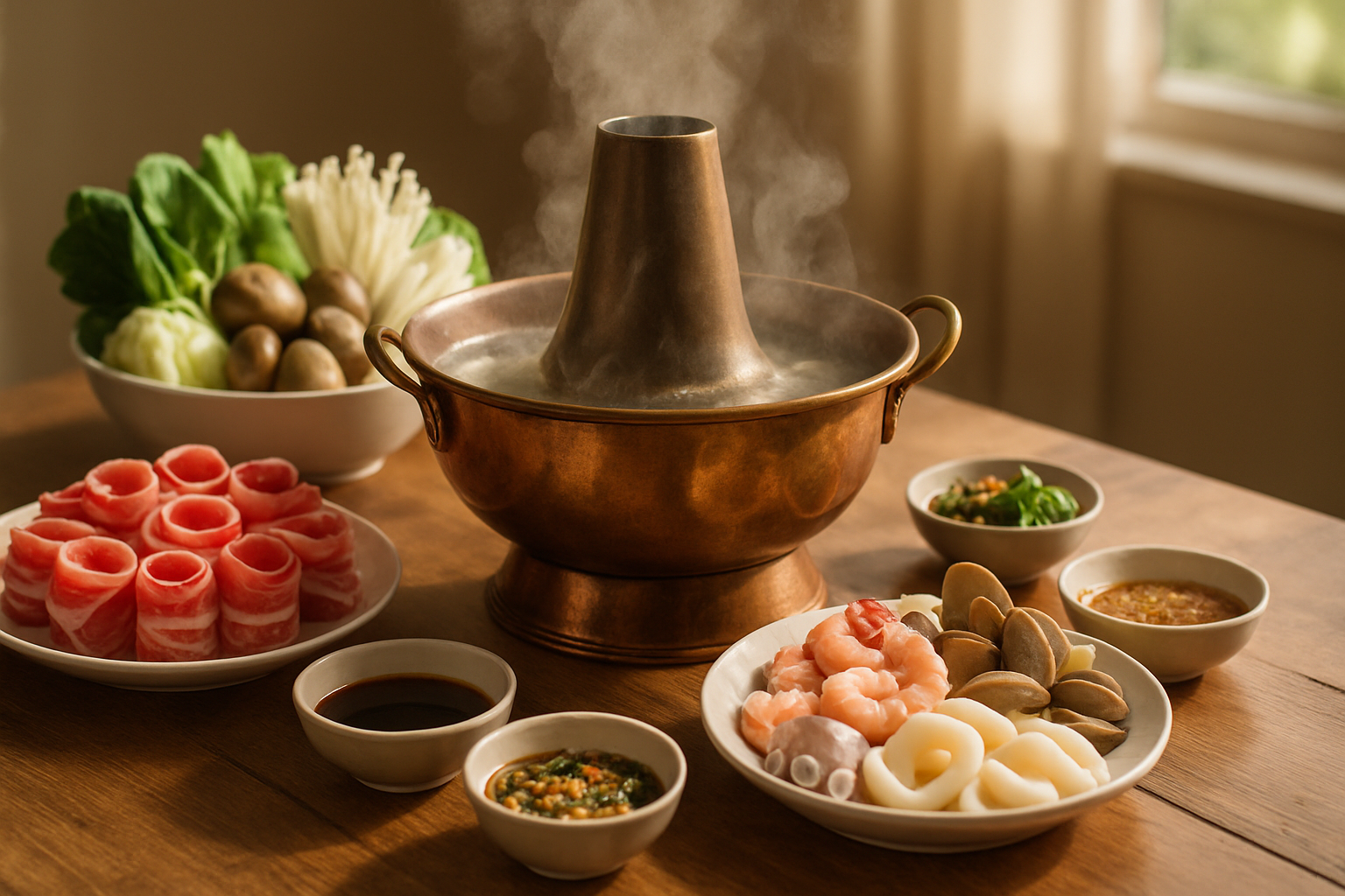 Bàn ăn gia đình với nồi lẩu sôi, thịt bò lát mỏng và hải sản bày đẹp mắt