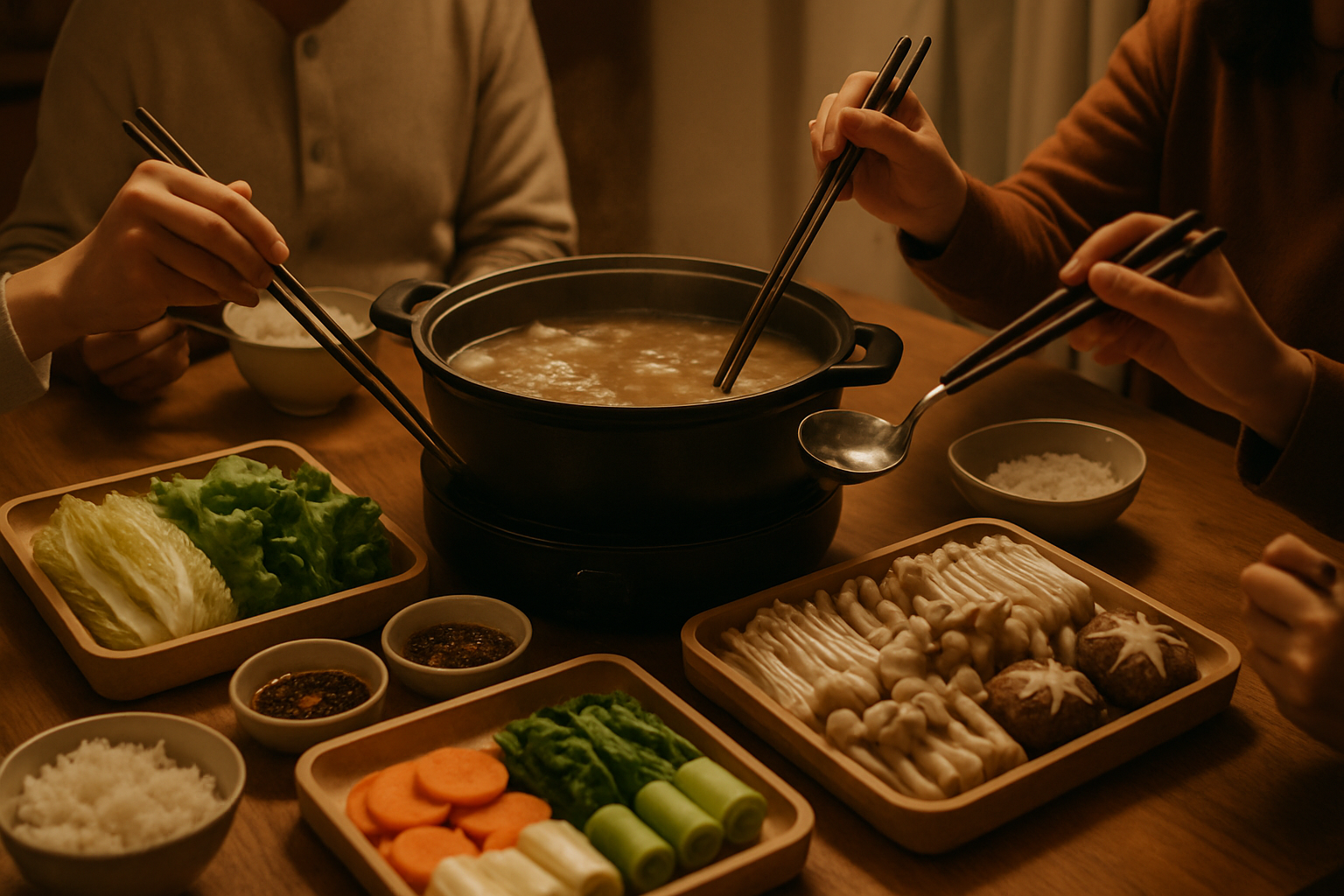 Gia đình quây quần quanh nồi lẩu tại nhà, bày khay rau nấm và nước chấm
