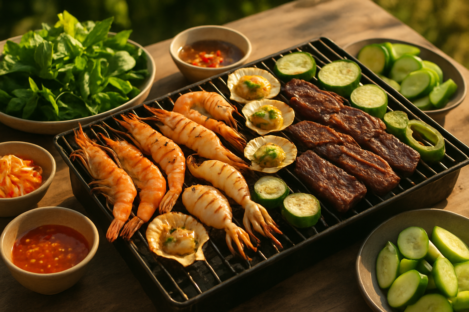 Bữa tiệc nướng cuối tuần với hải sản và thịt trên bếp than, bàn ăn ngoài trời ấm cúng