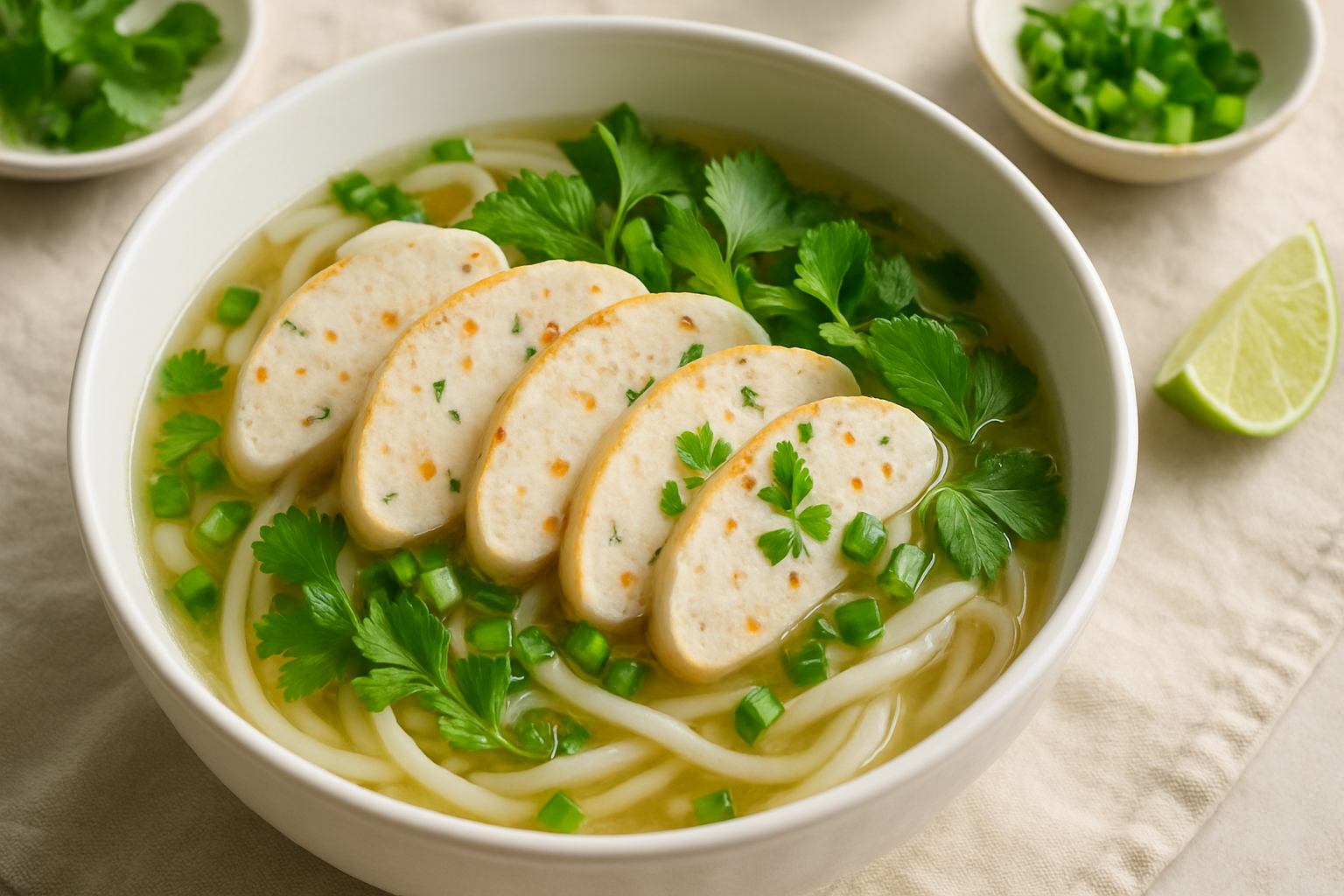 Tô bún/miến với topping chả mực cắt lát, rau thơm và nước dùng trong