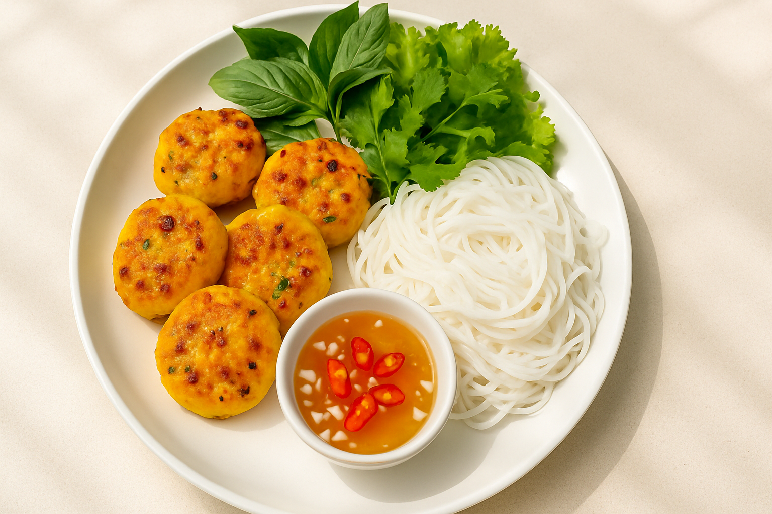 Đĩa chả mực ăn kèm bún, rau sống và chén nước mắm tỏi ớt